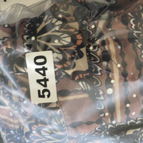 Bob Mackie Jersey Top Womens XL Brown Printed Sequins Button Front Stretch Artsy - Picture 15 of 16